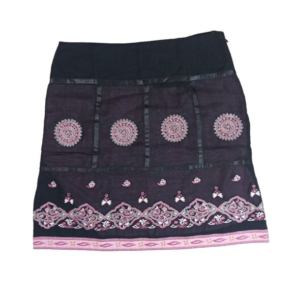 Persaman Womens A Line Skirt Size 8 Black Pink Embroidered Lined Boho Chic - Picture 1 of 6